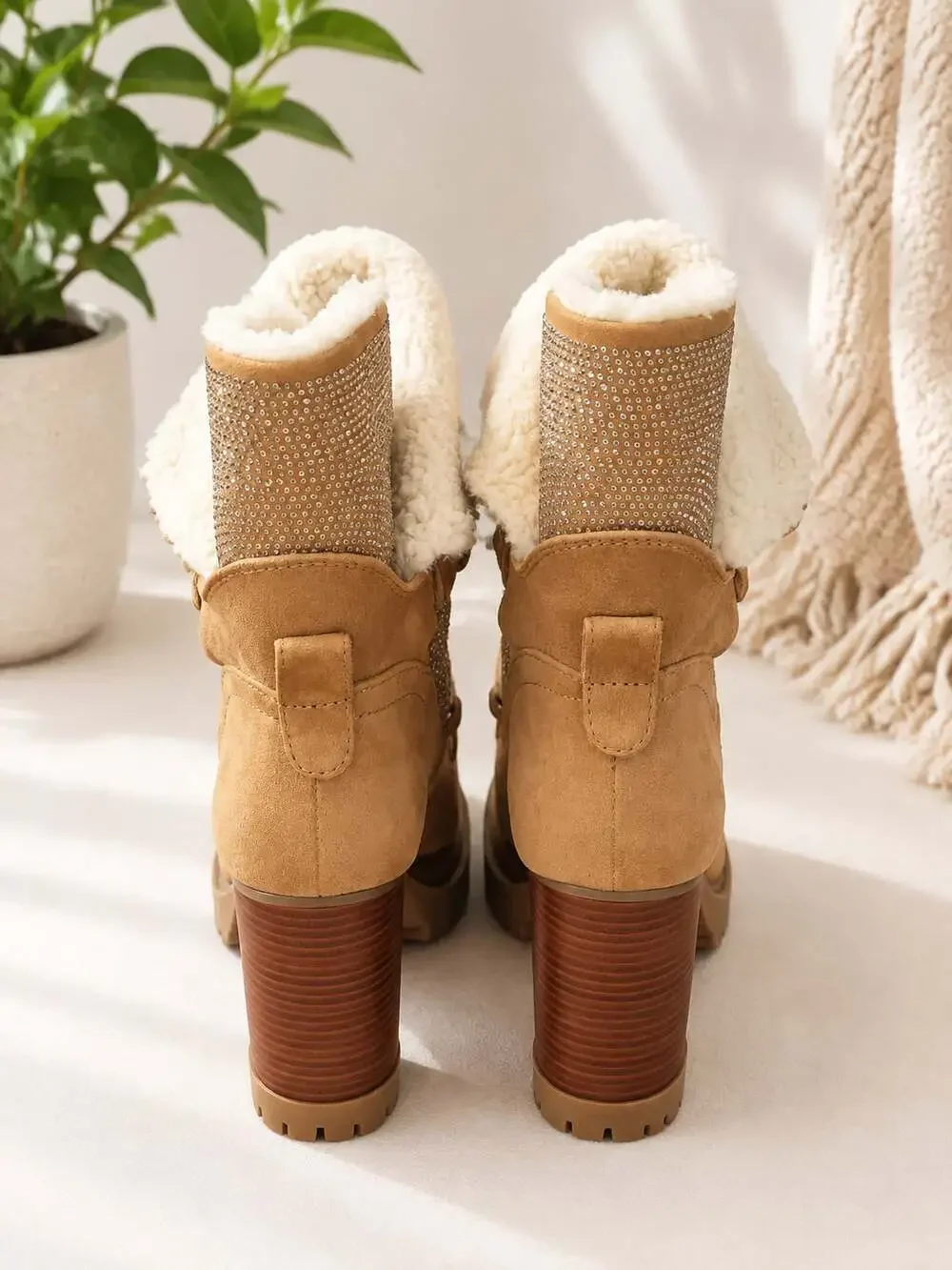 Michael Kors Culver Embellished Sherpa Lace-Up Boots in Tan Gold
